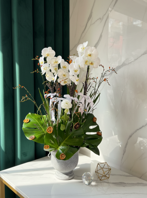 4 Dallı Beyaz Orkide Aranjman