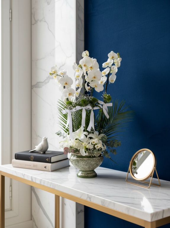 4 Dallı Premium Beyaz Orkide Aranjmanı